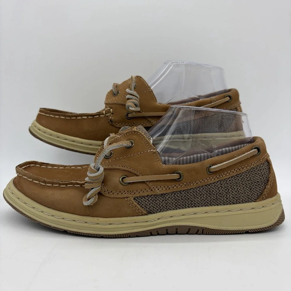 Magellan Womens 8.5 Shoes Boat Deck Brown Tan Leather Comfort Flat Round Toe